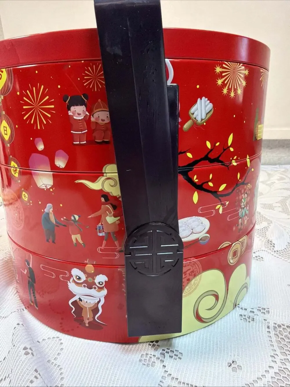 3-Tier Chinese New Year Tiffin Box Pristine For Knitting,Crafts,Picnics 9”H/10”W